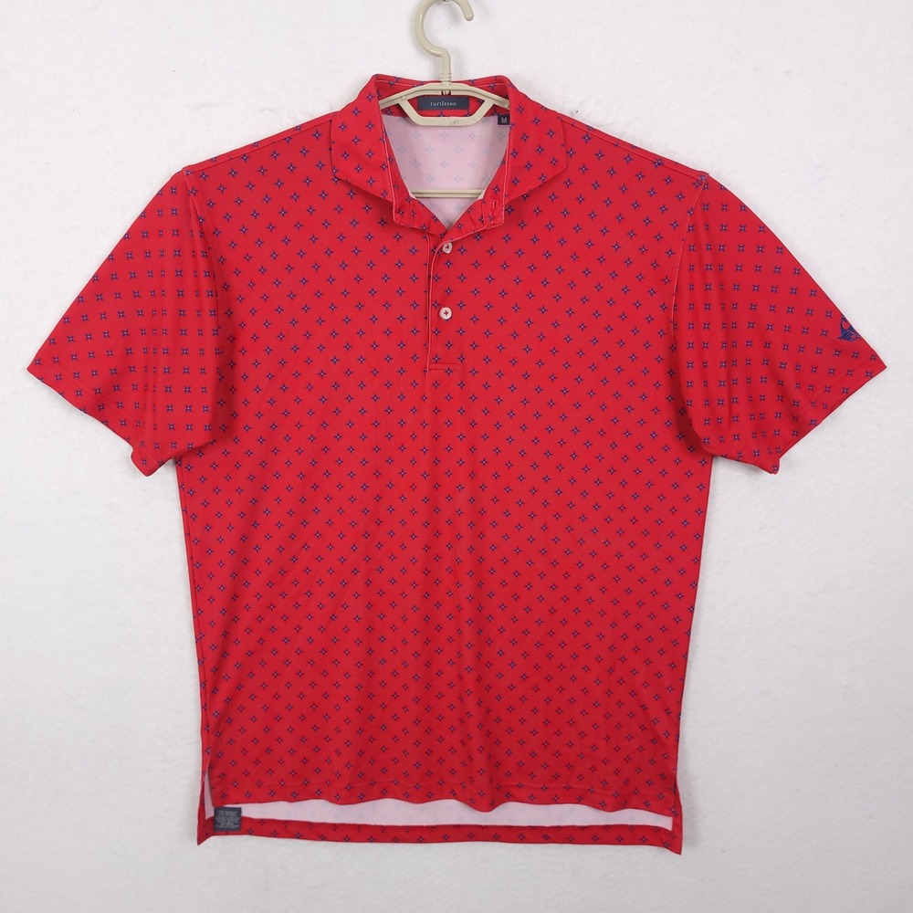 Turtleson Polo Shirt M Red Performance Geometric Micro Print Golf Tennis Preppy
